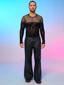 FeverCity Men's Lace Contrast Mesh Round Neck Slim Fit T-Shirt