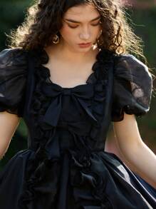 SHEIN MOD 黑色欧根纱梦幻浪漫泡泡公主裙配大蝴蝶装饰，适合约会、正式宫廷、情人节、舞会