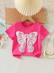Young Girl Sweet Casual Crew Neck Short Sleeve Fitted Butterfly Print Versatile Tee Shirt