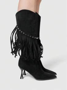 ROMWE Grunge Punk Women's Fringe Pointed Toe Western Boots, High Heel Fashion Mid-Calf Cowboy Boots - Black - View 4