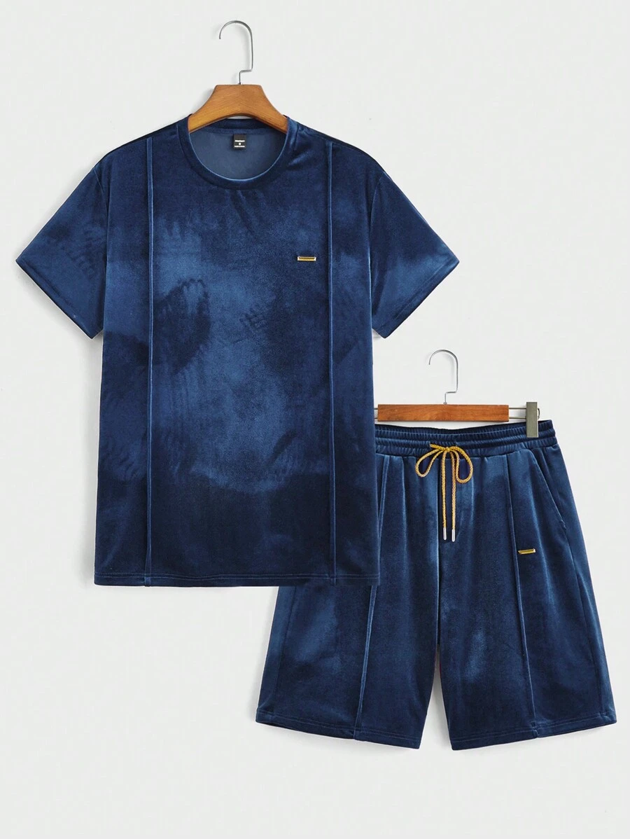 Manfinity VCAY Men's Fashion Casual Velvet Crew Neck Short Sleeve T-Shirt And Shorts 2 Pieces Set, Elegant Party/Nightclub Style, Summer - Dusty Blue - View 1