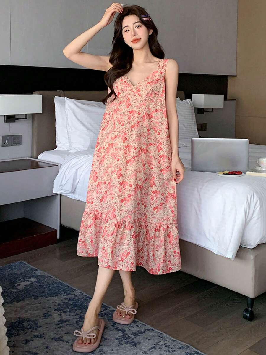 DAZY Váy ngủ nữ cổ chữ V không tay in họa tiết hoa lãng mạn phong cách kỳ nghỉ - Hồng - Xem 1