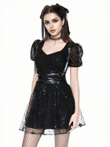 ROMWE Váy tay bồng phối lưới kim tuyến tương phản bí ẩn dành cho nữ, phong cách Gothic - màu đen - Xem 6