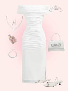 SHEIN Girlism Teen Girl White Elegant Off-Shoulder Pleated Mesh Snug Fit Dress, Party Dress, Birthday Outfit Graduation Dress - White - View 7