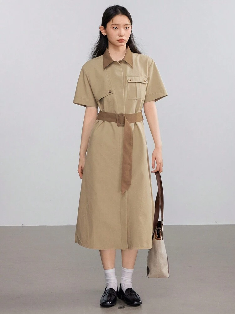 Business Casual Loose Minimalist Cinched Waist Big Pocket Cargo Style Color Block Short Sleeve Women Midi Dress Sundress Shirt Dress,Teacher Outfits