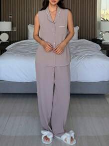 DAZY Women's Simple Sleeveless Knit Pajama Set - Purple - View 6