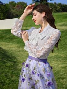 Modelyn Women Floral Lace-Up Front Long Sleeve Elegant Blouse