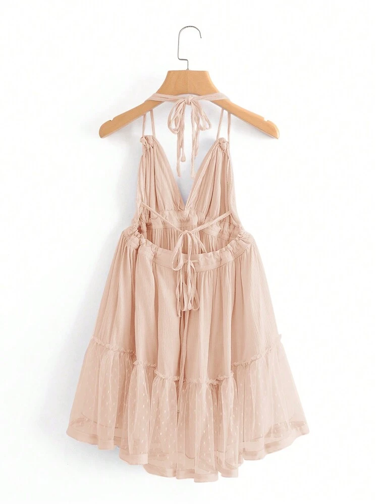 dobby mesh self-tie ruffled halter dress SHEIN Unity Dobby Mesh Self-Tie Ruffled Halter Dress Vacation Outfits Woman  Elegant Fashionable Style For Summer