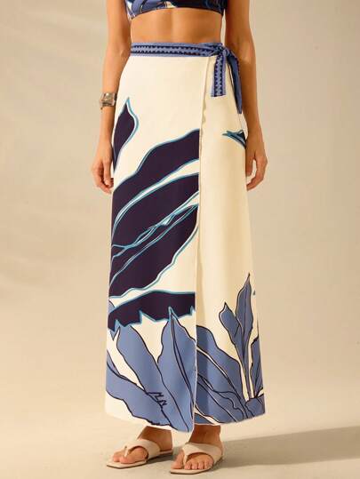 CAJUNI Women Bohemian Blue Tropical Print Sarong Wrap Around Cover Up Skirt, Casual For Vacation Beach Holiday Summertime