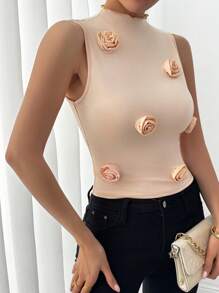 Chiquease Women 3D Floral Casual Versatile Sleeveless Camisole Top, Romantic Rose Flower Wavy Edge Handmade Sweet Sexy High Elastic Stand Collar Slim Fit Tank Top, Elegant For Vacation, Party, Dating - Apricot - View 5