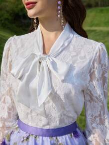 Modelyn Women Floral Lace-Up Front Long Sleeve Elegant Blouse