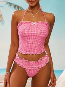 Swim Mod Conjunto de top de tirantes a cuadros y bikini fresco y dulce para vacaciones de verano en la playa para mujeres