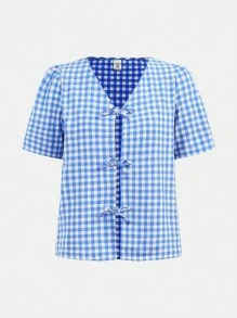 Girlism Camicia a quadri blu con fiocco per ragazze adolescenti, completo casual da vacanza con camicia a quadri e pantaloncini