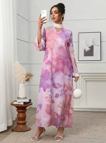 Yasmyna Caftan maxi élégant pour femme : tissu tissé, encolure à encolure, manches longues avec détails découpés et garniture de dentelle brodée, modeste