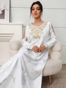 Al Najma Women's Floral Cutout Shoulder Long Sleeve Elegant Abaya Dress  Summer Outits For Women