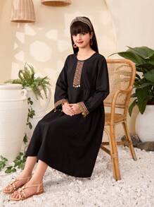 Tween Girls Black Long Sleeve Mid-Length Dress, Combining And Fashion Elements To Showcase The Unique Charm Of Young Girls - Black - View 3