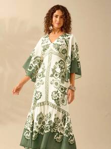 CAJUNI Women's Bohemian Tropical Floral Print, V-Neck Batwing Sleeve Backless Casual Dress, Vacation Style, Beige