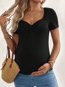 SHEIN Maternity Sweetheart Neck Ruched Chest Short T-Shirt - Black - View 1