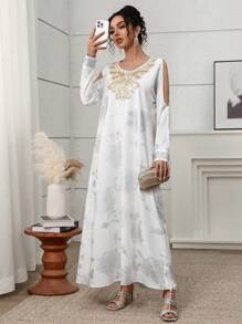 Al Najma Women's Floral Cutout Shoulder Long Sleeve Elegant Abaya Dress  Summer Outits For Women