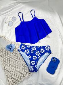 SHEIN Teen Girl Beach Holiday Solid Color Ruffle Trim Cami Top And Floral Printed Triangle Tankini Bottom, 2 Pieces Tankini Swimwear - Blue - View 1