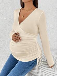 SHEIN Maternity Ribbed Knit Slim Fit V-Neck Long Sleeve T-Shirt With Ruched Side Tie, Beige - Apricot - View 1
