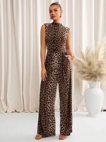 SHEIN Clasi 女士优雅立领豹纹口袋连体裤，修身休闲日常通勤装，适合春夏季