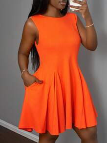 Slaydiva 夏季假期简约休闲基本款圆领口袋喇叭下摆宽松短款连衣裙 - 橘色 - 查看 4