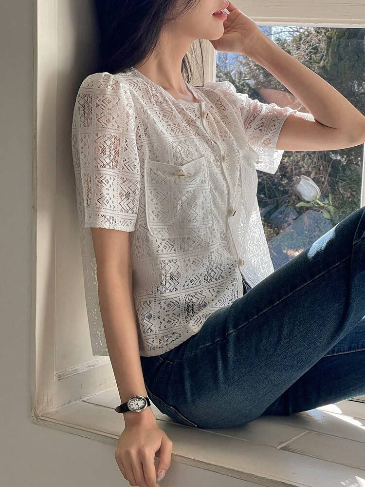 Stylish Lace Round Neck Puff Sleeve Blouse For Ladies