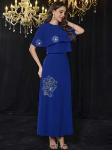 Modelyn 女士优雅小圆领针织短袖斗篷毛衣和裙子 2 件套，时尚修身造型 - 藍色 - 查看 6