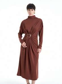 Aalyst 女士优雅高领长袖中长连衣裙 - 棕色 - 查看 1