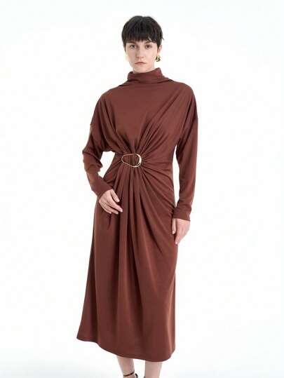 Aalyst Vestido midi de manga larga y cuello alto elegante para mujer