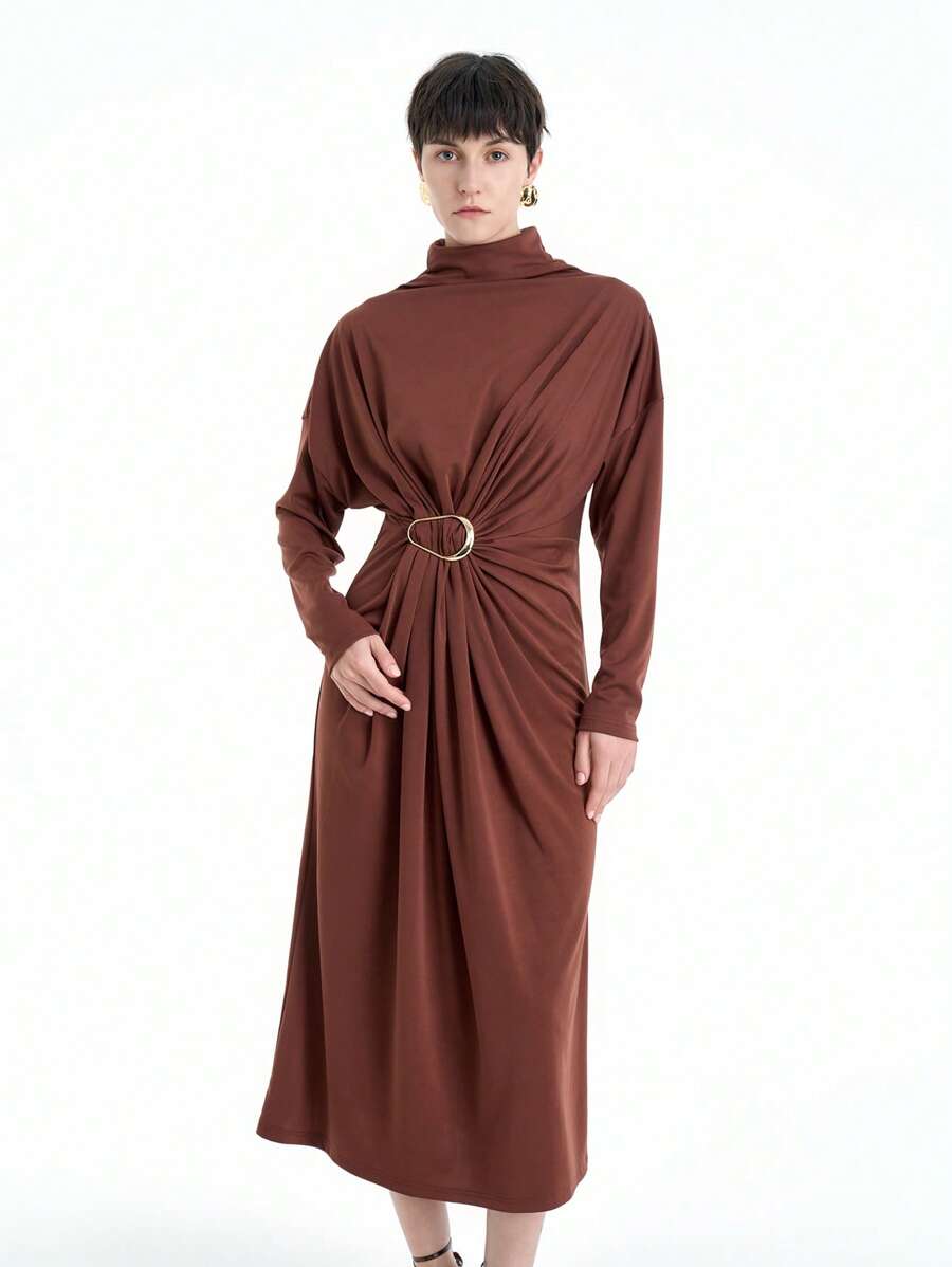 Aalyst 女士优雅高领长袖中长连衣裙 - 棕色 - 查看 1