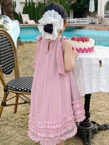 DAZY Young Girl Plain Sleeveless Pleated Ruffle Hem Casual Dress, Girls Summer Outfits - Pink - View 5