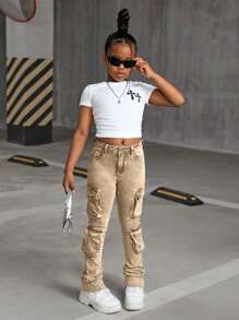 SHEIN Tween Girls Y2K Stonewashed Khaki Denim Cargo High Waist Flared Pants With Pleats And Flap Pocket Stacked Jeans,Tween Girl Spring/Summer Clothes Outfits - Khaki - View 3