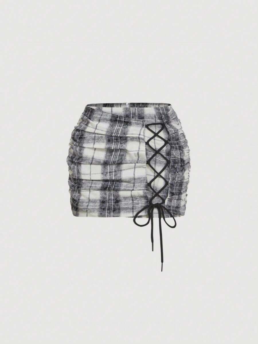 SHEIN MOD Plaid Print Drawstring Skirt, Spring/Summer, Brunch, Valentine's Day, Beach For Woman, Valentine's Day Women, Cruise Women Sexy, Easter, Beach Vacation