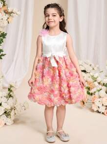 SHEIN 年轻女孩花卉装饰拼色优雅连衣裙 - 粉色 - 查看 5