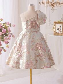 SHEIN Mädchen Tween elegantes Kleid aus luxuriösem Brokat-Stoff mit Blumendekor, asymmetrischer Schulter, tailliert, knielang. Blumenmädchen Kleid für Valentinstag, Party/Schulanfang, damenhaft, Prinzessinen-Stil, Hochzeitssaison, Geburtstagsparty - Pink - Übersicht 7