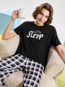 Men's Letter Print Crew Neck Short Sleeve Pajama Top - Black - View 6