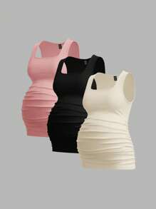 Modmama 3pcs Maternity Women's Solid Color Slimming Tank Tops, Casual & Simple, Suitable For Summer - Pink - View 5