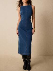 Poéselle Vestido vaquero largo de mujer de ajuste ceñido sin mangas y cuello redondo, vestido vaquero elegante, FW25
