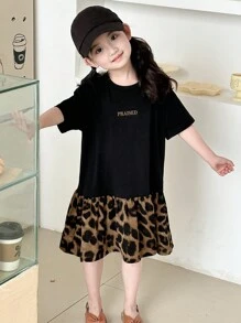 Dazy Kids 小女孩豹纹和字母图案拼布连衣裙，返校服装 - 黑色 - 查看 4