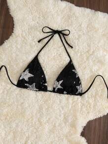 SHEIN Swim Contrast Color Star Sequin Halter Bikini Top, Sexy Micro Triangle