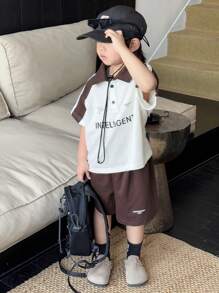 DAZY 2 Stücke/Set Kleine Jungen Outfit mit Kontrast-Farb-Raglanärmel-Polohemd mit Buchstabendruck und Shorts