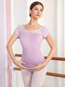 Dansine Ballet Tutus Tight Fitted Sexy Round Neck Short Sleeve Lace Jumpsuit Dancewear Latin Dancewear  Ballet Tutus Ballroom Dance Dresses/Skirts Dancewear/Dance Costumes/Dance Dresses/Dance Skirts - Purple - View 7