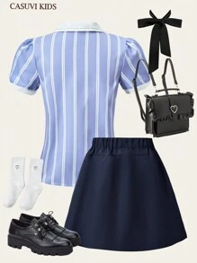 SHEIN 2pcs/Set Baju Anak Perempuan Kerah Bergaris Warna Kontras + Rok Mini Lipit Gaya Kasual Sekolah - Navy Blue - View 3