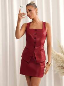 SHEIN Clasi 2Pcs Women Sleeveless Vest & Short Skirt Set, Resin Button Pocket Vest & PU Skirt, Elegant For Everyday Wear - Red - View 5