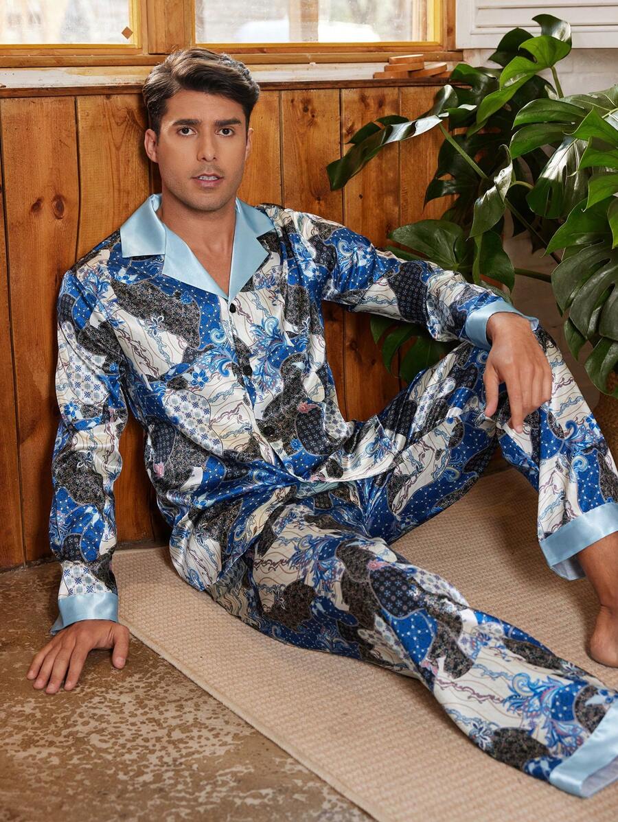 Herren Schlafanzug Set mit Full-Muster Muster, bestehend aus Langarm-Oberteil und langer Hose