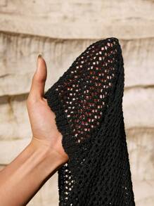 Maija Women's Summer Beach Vacation 3D Floral Decorative Crochet Knit Collared Short Sleeve Beach Cover-Up - Black - View 7