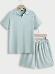 Manfinity VCAY 2 件套男士修身插肩袖休闲 Polo 衫套装，适合夏季 - 綠色 - 查看 1