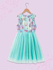 少女卡通印花对比色网眼复活节连衣裙